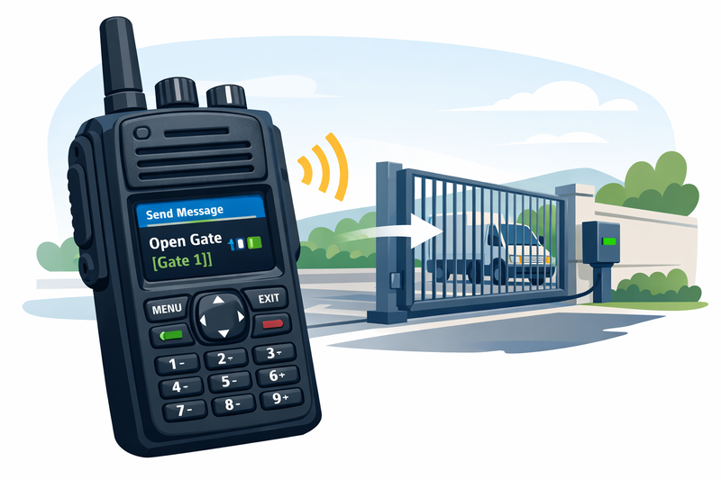 DMR handheld radio opening a remote security gate using WTE MReX-Plus DMReX module